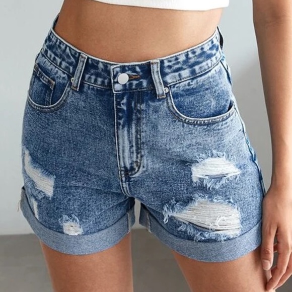 Distressed Denim Blue Cuff Jean Shorts - Picture 2 of 5